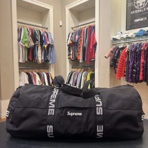 Supreme Black and White Logo Duffel Bag